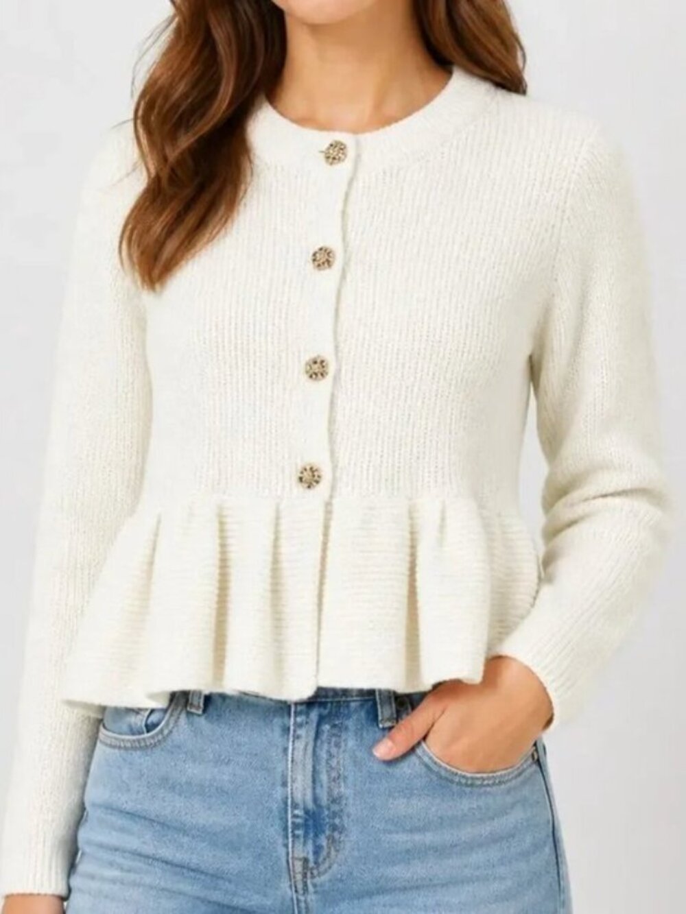 EUC En Saison Cream Ribbed Knit Peplum Cardigan Size Medium